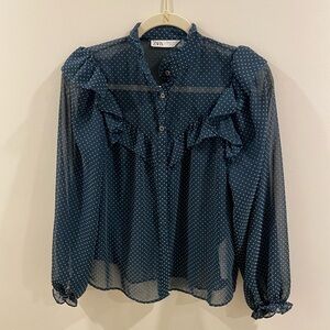 Zara Green Blue Sheer Polka Dot Blouse